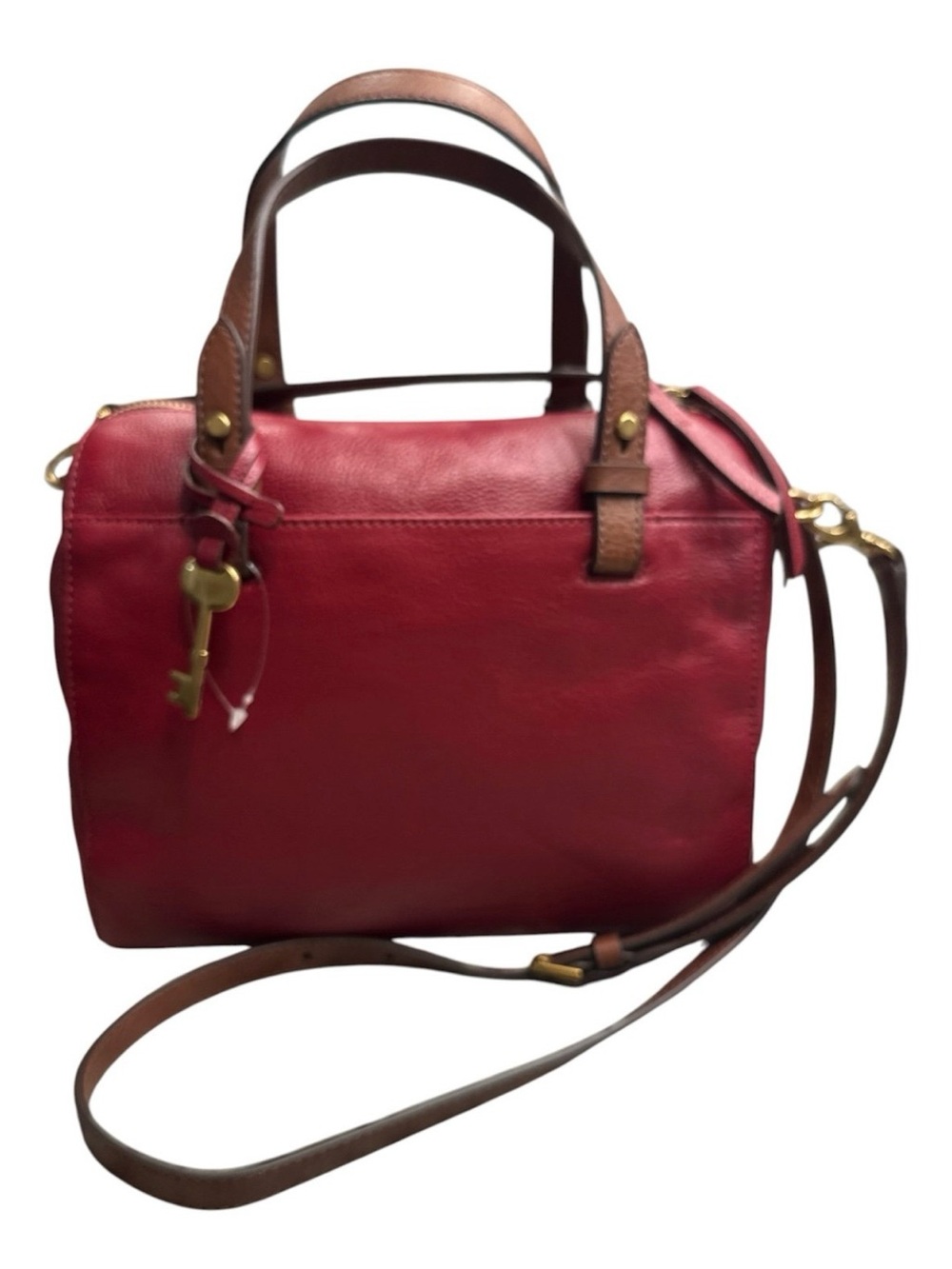 Fossil Red Leather Satchel with Brown Handles, New without tags - Picture 4 of 11